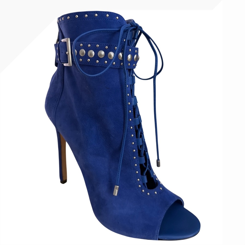 Brian Atwood Blue Suede Studded Lace Up Open Toe Ankle Boots 10 Stiletto Heel